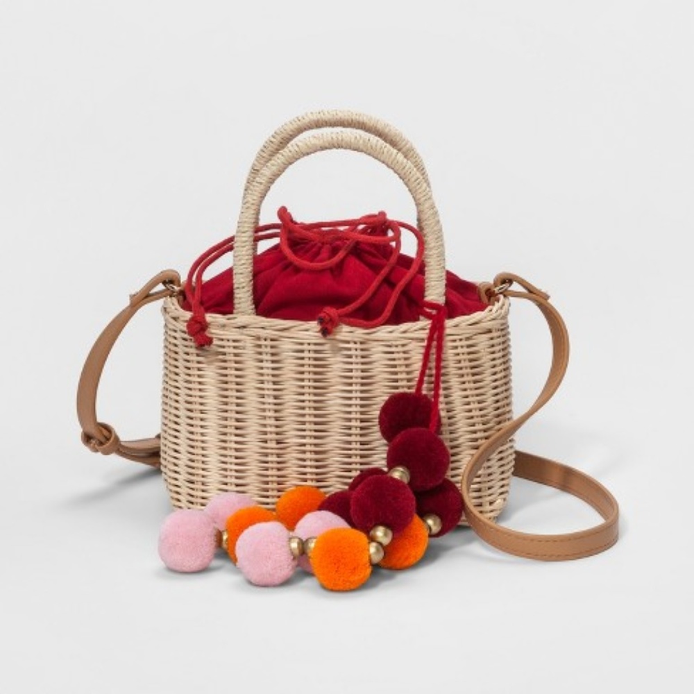 Straw Pom Pom Convertible Bag